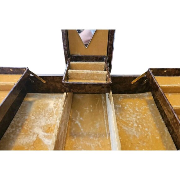 Vtg Jewelry Box Tri Fold Velvet Lined Gold Brown Marble Vinyl Mid Century - Picture 9 of 16